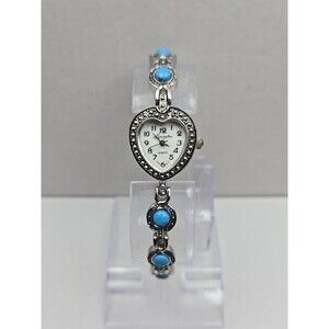 Lexington Quartz Heart Watch Silver Tone Turquoise Cabochon Bracelet New Battery